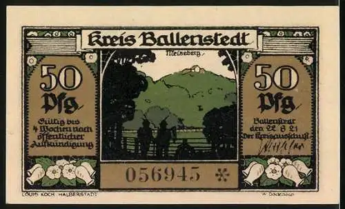 Notgeld Ballenstedt, 1921, 50 Pfennig, Bergarbeiter und Meiseberg, Serie 056945