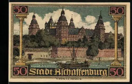 Notgeld Aschaffenburg, 50 Pfennig, Vorderseite mit Schloss und Rückseite mit Friedenstaube und Globus