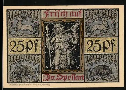 Notgeld Aschaffenburg, 25 Pf, Frisch auf im Spessart mit Stadtwappen und Bischof, Seriennummer 60214