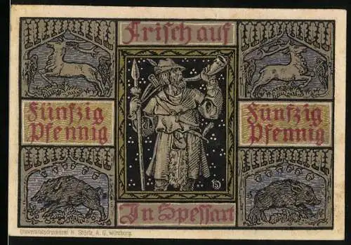 Notgeld Aschaffenburg, 1921, 50 Pfennig, Frischauf im Spessart, Bischof und Stadtsiegel, 43500