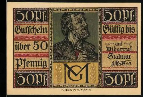 Notgeld Aschaffenburg 1920, 50 Pfennig, Gutschein mit Stadtwappen und mittelalterlicher Figur