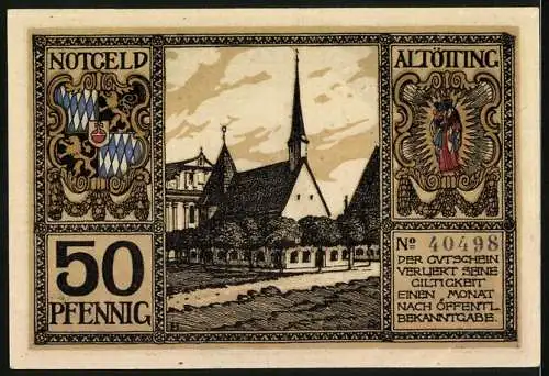 Notgeld Altötting, 50 Pfennig, Historische Gebäude und Wappen, Druck Schwarz Lindenberg