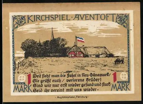 Notgeld Aventoft, 1921, 1 Mark, Landschaft mit Hof und Wappenmotiv