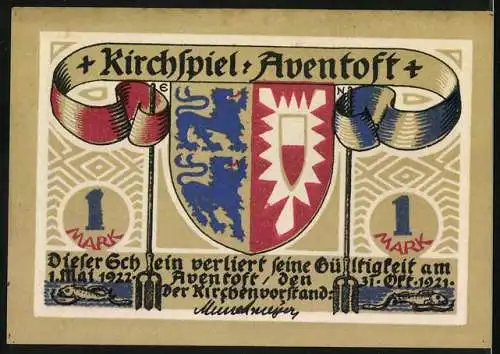 Notgeld Aventoft, 1921, 1 Mark, Landschaft mit Hof und Wappenmotiv