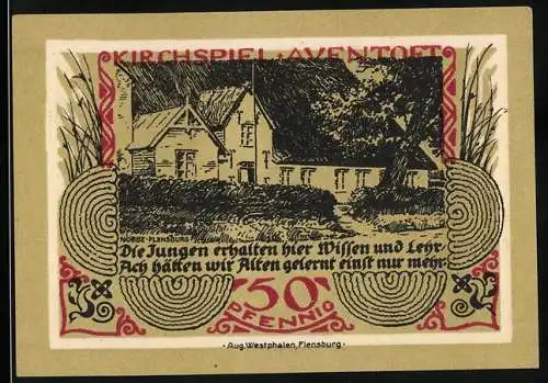 Notgeld Aventoft, 1921, 50 Pfennig, Kirche und Wappen mit Bändern