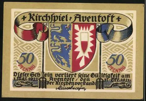 Notgeld Aventoft, 1921, 50 Pfennig, Kirche und Wappen mit Bändern