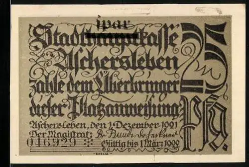 Notgeld Aschersleben, 1921, 25 Pf, Vorderseite mit Schriftzug und Rückseite mit zwei Nutrias in Schilf