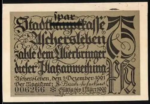 Notgeld Aschersleben, 1921, 75 Pfennig, Stadt Hauptkasse Aschersleben, beidseitig illustriert mit Waschzuber-Szene