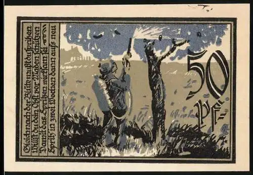 Notgeld Aschersleben, 1921, 50 Pf, Vorderseite zeigt Feuerwehrmann beim Löschen, Rückseite mit kunstvoller Schrift