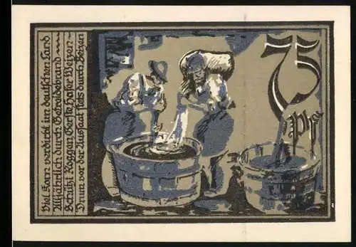 Notgeld Aschersleben, 1921, 75 Pfennig, Frauen bei der Wäsche mit Waschzubern und Schriften auf Rückseite