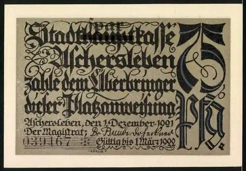 Notgeld Aschersleben, 1921, 75 Pfennig, Frauen bei der Wäsche mit Waschzubern und Schriften auf Rückseite