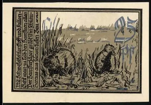 Notgeld Aschersleben 1921, 25 Pfennig, Illustration von zwei Nagetieren und kunstvolle Schriftzüge