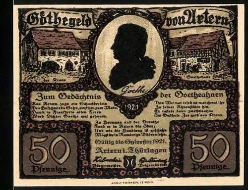 Notgeld Artern, 1921, 50 Pfennig, Zum Gedächtnis der Goethejahren mit Goethe-Silhouette und Häusern