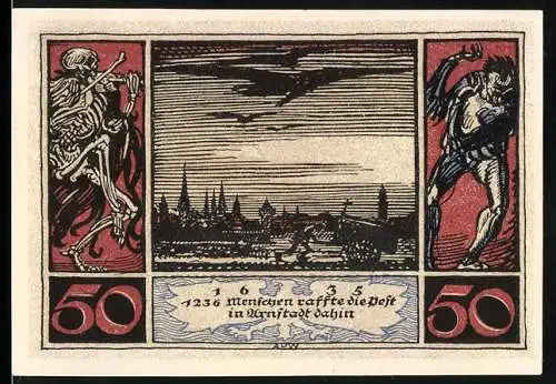 Notgeld Arnstadt 1921, 50 Pfennig, Darstellung der Pest und Stadtsilhouette