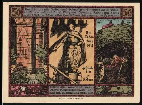 Notgeld Artern 1921, 50 Pfennig, Darstellung des Sedantages 1870 und Kriegsereignisse