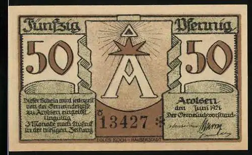 Notgeld Arolsen, Juni 1921, 50 Pfennig, Seriennummer 13427, Gebäude und Denkmal