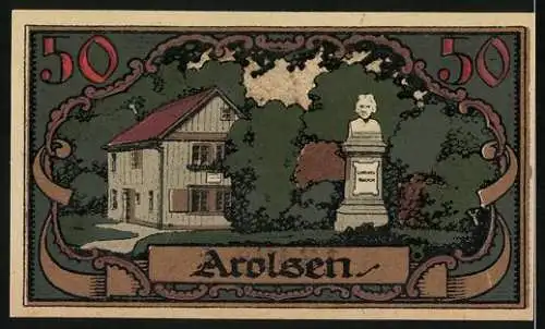 Notgeld Arolsen, Juni 1921, 50 Pfennig, Seriennummer 13427, Gebäude und Denkmal