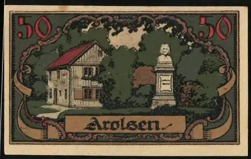 Notgeld Arolsen 1921, 50 Pfennig, Haus und Büste, Rückseite mit Wappen und Seriennummer 65665