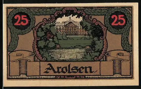 Notgeld Arolsen, 1921, 25 Pfennig, Schlossansicht und Wappen mit Schriftzug 58689