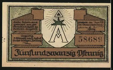 Notgeld Arolsen, 1921, 25 Pfennig, Schlossansicht und Wappen mit Schriftzug 58689