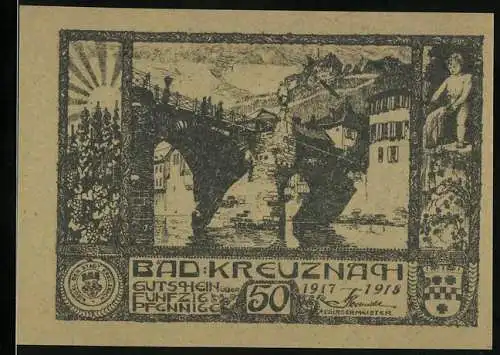 Notgeld Bad Kreuznach 1917, 50 Pfennig, Stadtansicht, Portrait Kaiser Wilhelm II., General Ludendorff & Hindenburg