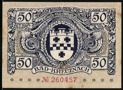Notgeld Bad Kreuznach, 1917-1918, 50 Pfennig, Stadtwappen und Brückenansicht
