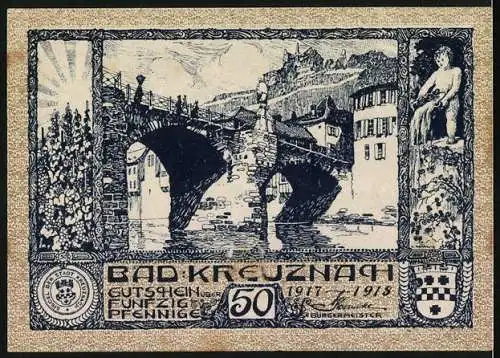 Notgeld Bad Kreuznach, 1917-1918, 50 Pfennig, Stadtwappen und Brückenansicht
