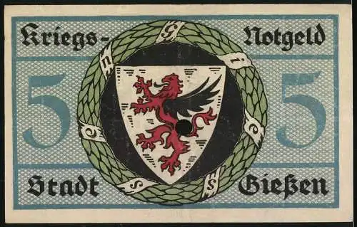 Notgeld Giessen 1918, 5 Mark, Rathaus und Wappen mit rotem Löwen