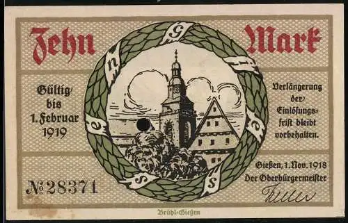 Notgeld Giessen 1918, 10 Mark, Kriegs-Notgeld mit Stadtwappen und Gebäudeansicht, gültig bis 1. Februar 1919