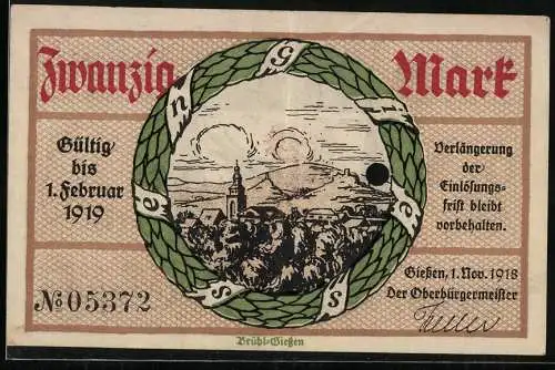 Notgeld Giessen, 1918, 20 Mark, Kriegs-Notgeld der Stadt Giessen mit Stadtansicht und Wappen