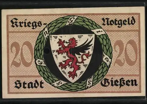 Notgeld Giessen, 1918, 20 Mark, Kriegs-Notgeld der Stadt Giessen mit Stadtansicht und Wappen