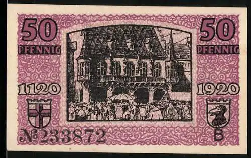 Notgeld Freiburg im Breisgau, 1920, 50 Pfennig, Historisches Gebäude und Menschenansammlung