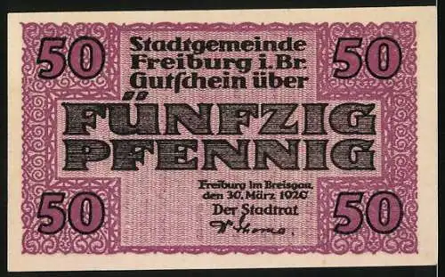 Notgeld Freiburg im Breisgau, 1920, 50 Pfennig, Historisches Gebäude und Menschenansammlung