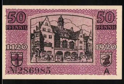 Notgeld Freiburg i. Br., 1920, 50 Pfennig, Ansicht des Rathauses und Stadtwappen