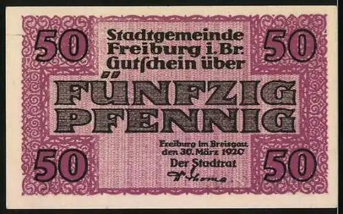 Notgeld Freiburg i. Br., 1920, 50 Pfennig, Ansicht des Rathauses und Stadtwappen