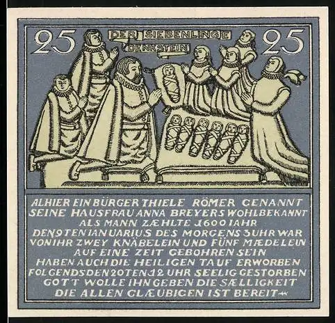 Notgeld Hameln, 1921, 25 Pfennig, Darstellung der Siebenlinge und Einlösebedingungen