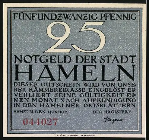 Notgeld Hameln, 1921, 25 Pfennig, Darstellung der Siebenlinge und Einlösebedingungen