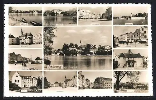 Foto-AK Schärding, Innbrücke, Stadt- u. Hauptplatz, Kurhaus, Linzer-Tor