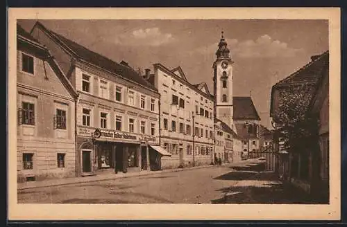 AK Eferding, Häuserzeile mit Uhrenmacher & Kirche
