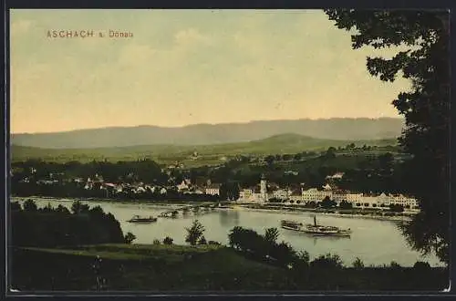 AK Aschach a. Donau, Uferpartie mit Dampfer