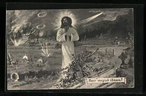 AK Jesus auf dem Schlachtfeld, Verwundete Soldaten werden ins Lazarett getragen