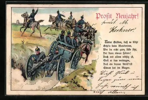 Lithographie Soldaten zu Pferd mit Kanonen, Neujahrsgruss