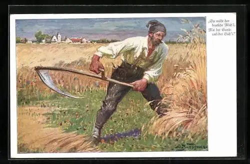 AK Deutscher Michl mit Sense auf dem Feld..., Propaganda 1. Weltkrieg