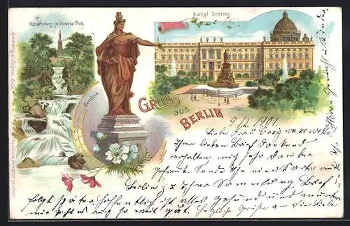Lithographie Berlin, Wassersturz im Victoria-Park, Berolina-Denkmal, Kgl. Schloss