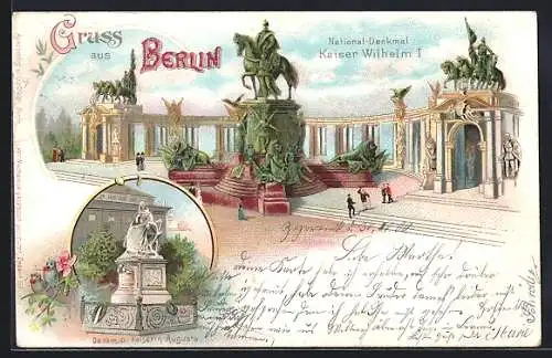 Lithographie Berlin, National-Denkmal Kaiser Wilhelm I., Denkmal der Kaiserin