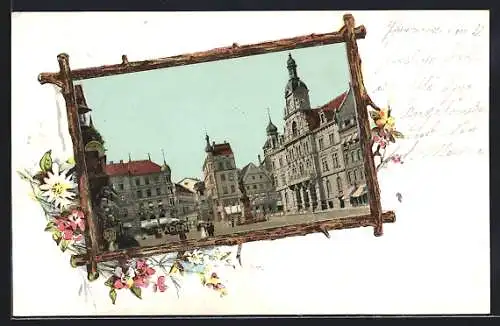 Lithographie Pforzheim, Marktplatz mit Denkmal, Blumen