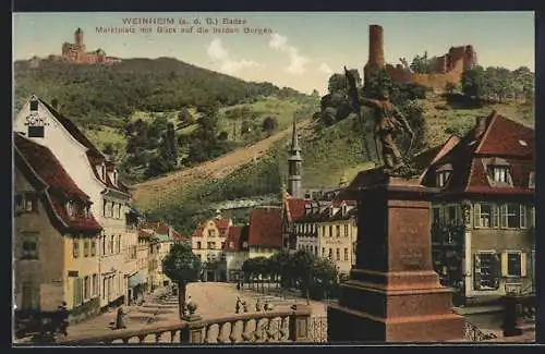 AK Weinheim a. d. B., Marktplatz mit Blick auf die beiden Burgen, mit Denkmal