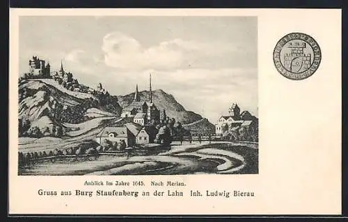 Künstler-AK Staufenberg /Lahn, Burg Staufenberg und Ort im Jahr 1645, nach Merian