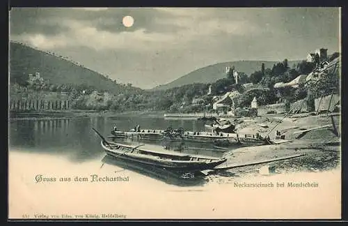 Mondschein-AK Neckarsteinach, Teilansicht mit Burg und Neckarufer