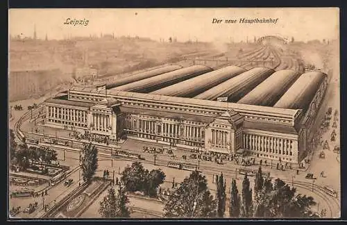 Künstler-AK Leipzig, Neuer Hauptbahnhof mit Umgebung aus der Vogelschau